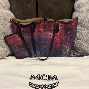 MCM Pink to Purple Galaxy Gradient Logo Coated Canvas Tote with Black Handles